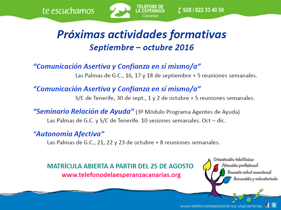 Avance de actividades formativas en septiembre y octubre. Teléfono de la Esperanza en Canarias.